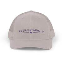 Load image into Gallery viewer, Keep Showing Up Trucker Cap — Motivational Snapback Hat with Heart Accent