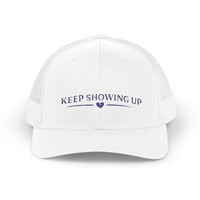 Load image into Gallery viewer, Keep Showing Up Trucker Cap — Motivational Snapback Hat with Heart Accent