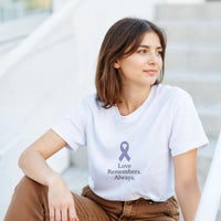 Load image into Gallery viewer, Dementia Awareness Shirt – Love Remembers Always Tee | Purple Ribbon Support Gift | Gildan 5000 Unisex Heavyweight | Caregiver Support Shirt
